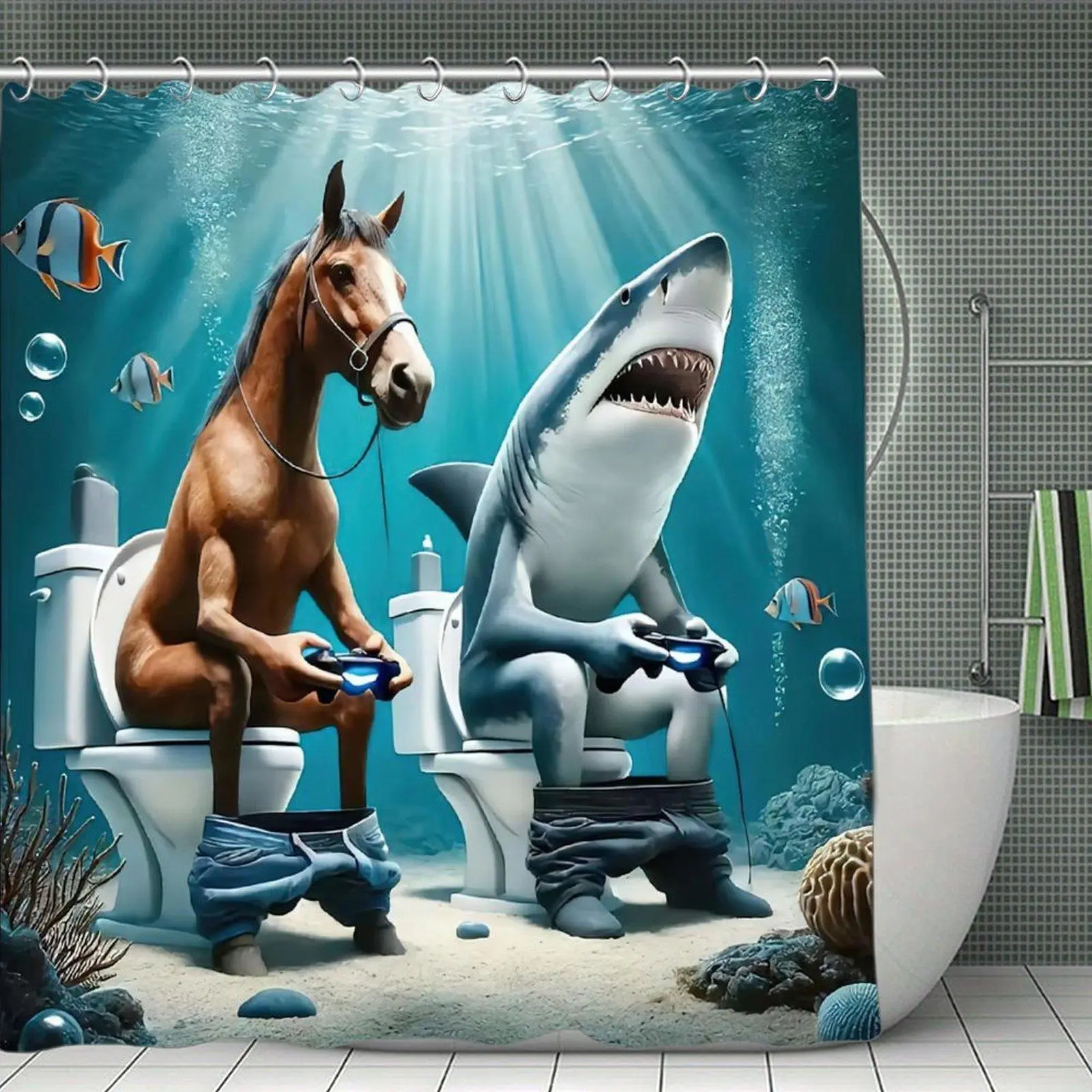 Horse and Shark Gaming Meme Shower Curtain, Funny Horse and Great White Shark Playing Video Games on Toilets Underwater, Chaotic Animal Meme Bathroom Decor, Weird Novelty Shower Curtain