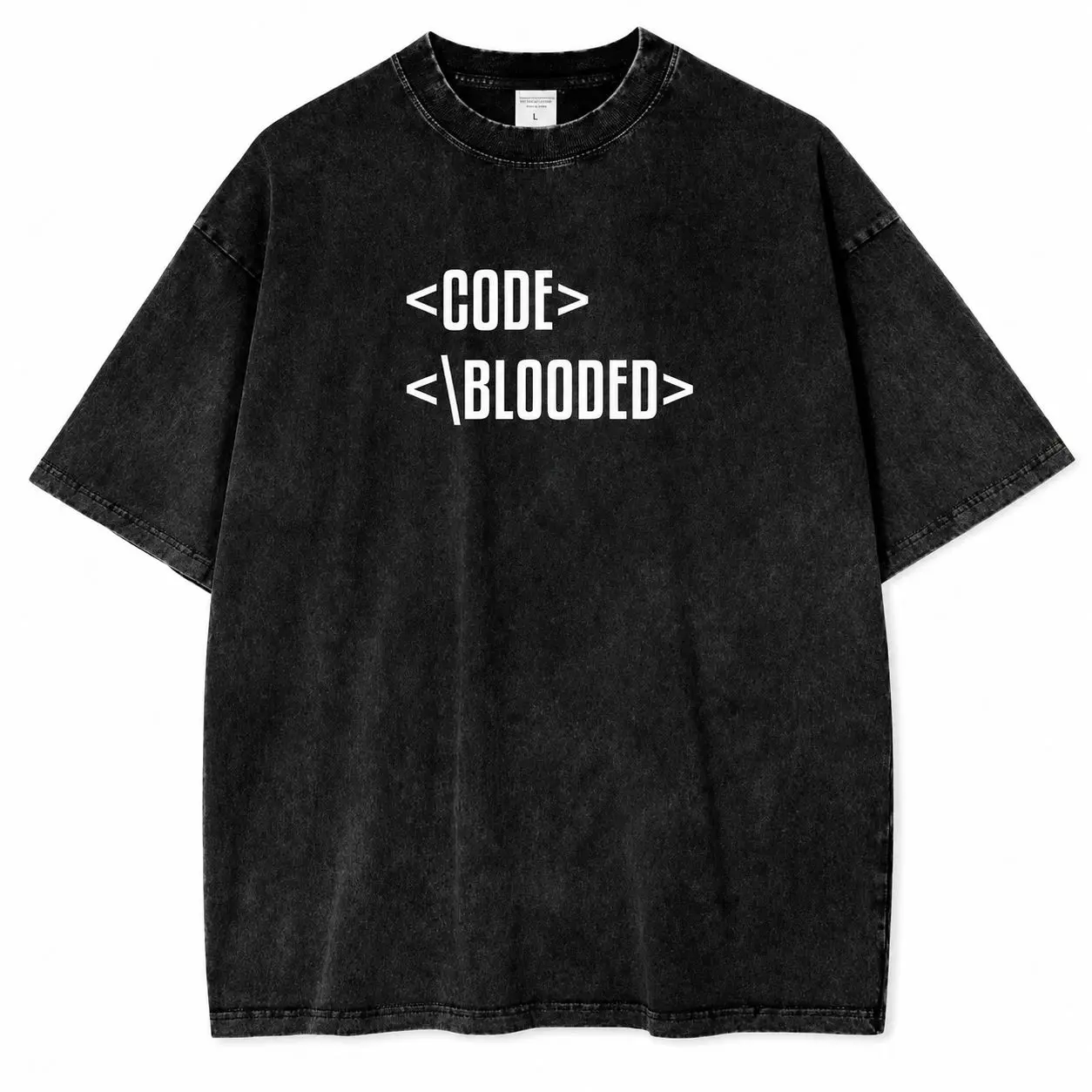 B-CODE BLOODED Oversized Washed Black T-Shirt for Men & Women, Vintage Acid Wash Streetwear Graphic Tee, Heavyweight Cotton Casual Hip Hop Fashion Shirt, Y2K Loose Fit Techwear Top for Coders, Programmers, Gamers & Cyber Style Lovers