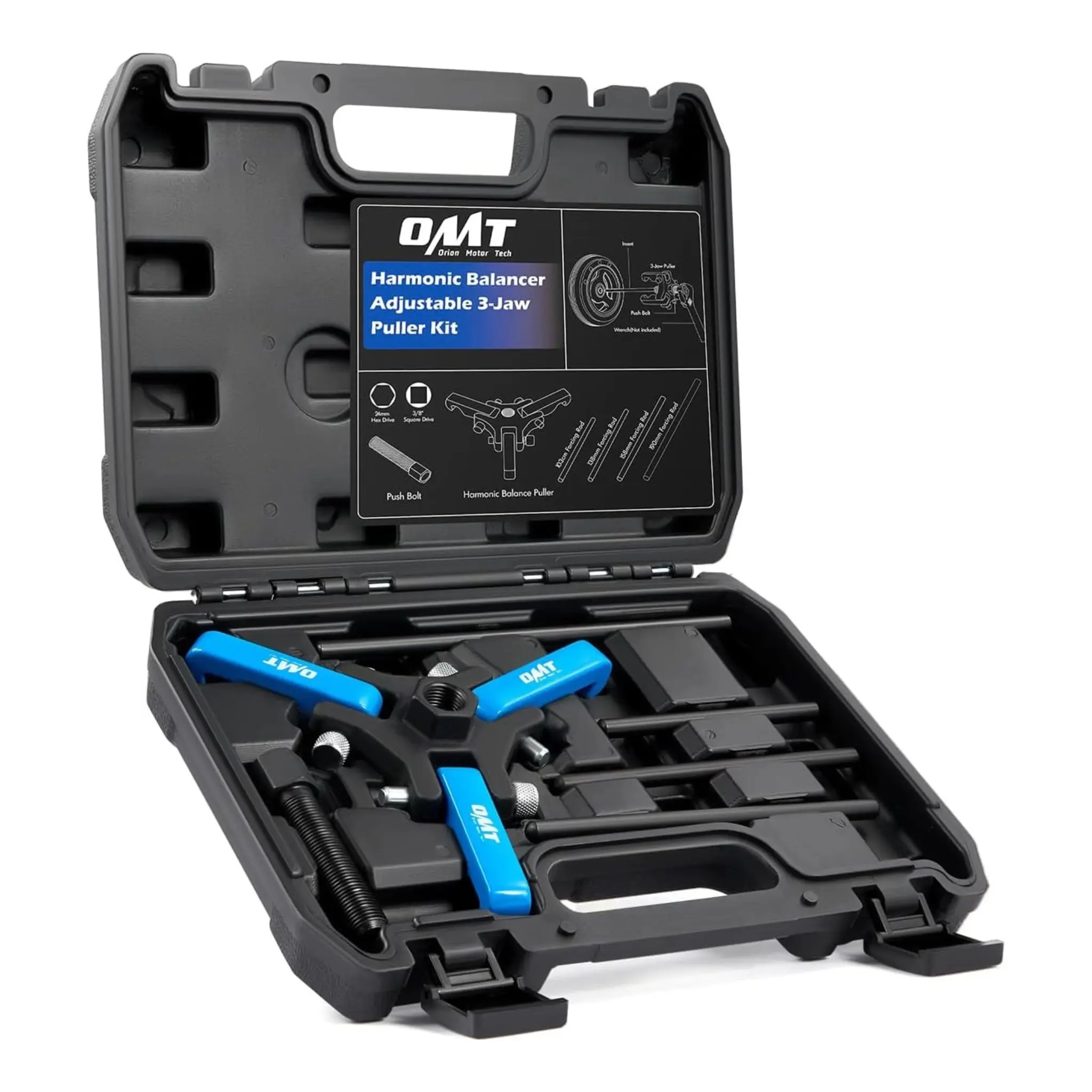 Orion Motor Tech Harmonic Balancer Puller Kit, Adjustable 3-Jaw Puller Set for Removing Harmonic Dampers & Balancers, 3-Jaw Pulley Puller Set Compatible with Chevy GM Chrysler Cadillac Ford More, Blue, Automotive Repair Tools