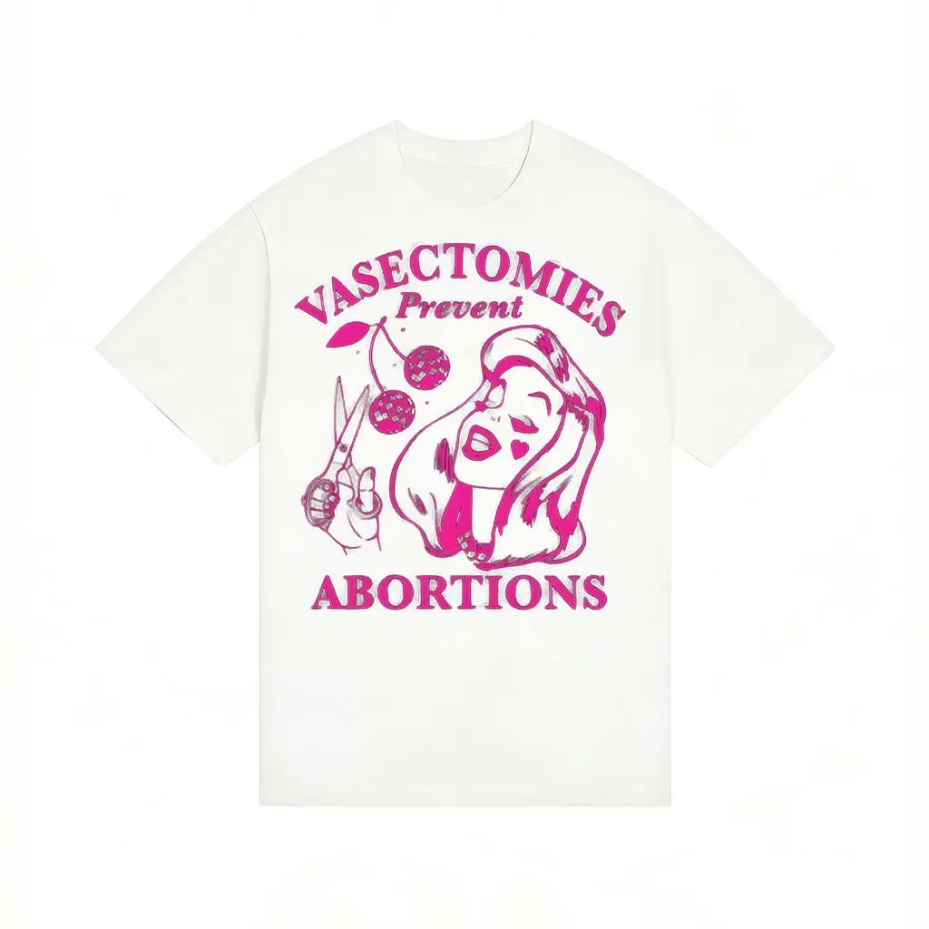 Women's Shortsleeve Cotton Graphic T-Shirt - Bold Feminist "Vasectomies Prevent Abortions" Chest Design, Casual Activist Streetwear Gift, Chest Design Women's T-Shirts