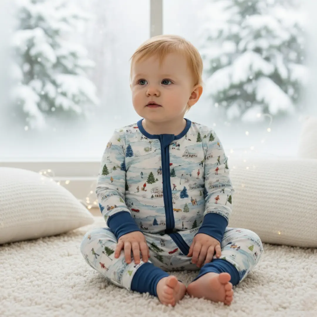 Bamboo Zippy Pajama Winter Village - Soft Eczema-Friendly Double Zipper Convertible Footies & Mittens for Growing Babies Matching Family Set