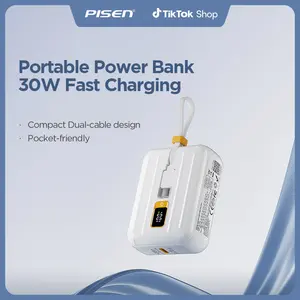 PISEN 10000mAh Portable Power Bank - Fast Charger with Built-in USB Cables, 30W High Speed Charging, Mini LED Display,for iPhone 16-12 Pro Series