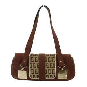 Pre-owned FENDI Suede and Canvas Shoulder Bags Zucchino Vintage Y2K Era Shoulder Bag Brown Suede & Canvas Pu Tote Satchel with Gold Hardware & Spacious Interior