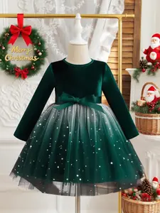 Girl's Glitter Sequin Bow Decor, Elegant Long Sleeve Round Neck Party Dress for Evening Formal Occasions, Sparkly Princess Dress, Kids Clothes for Fall & Winter
