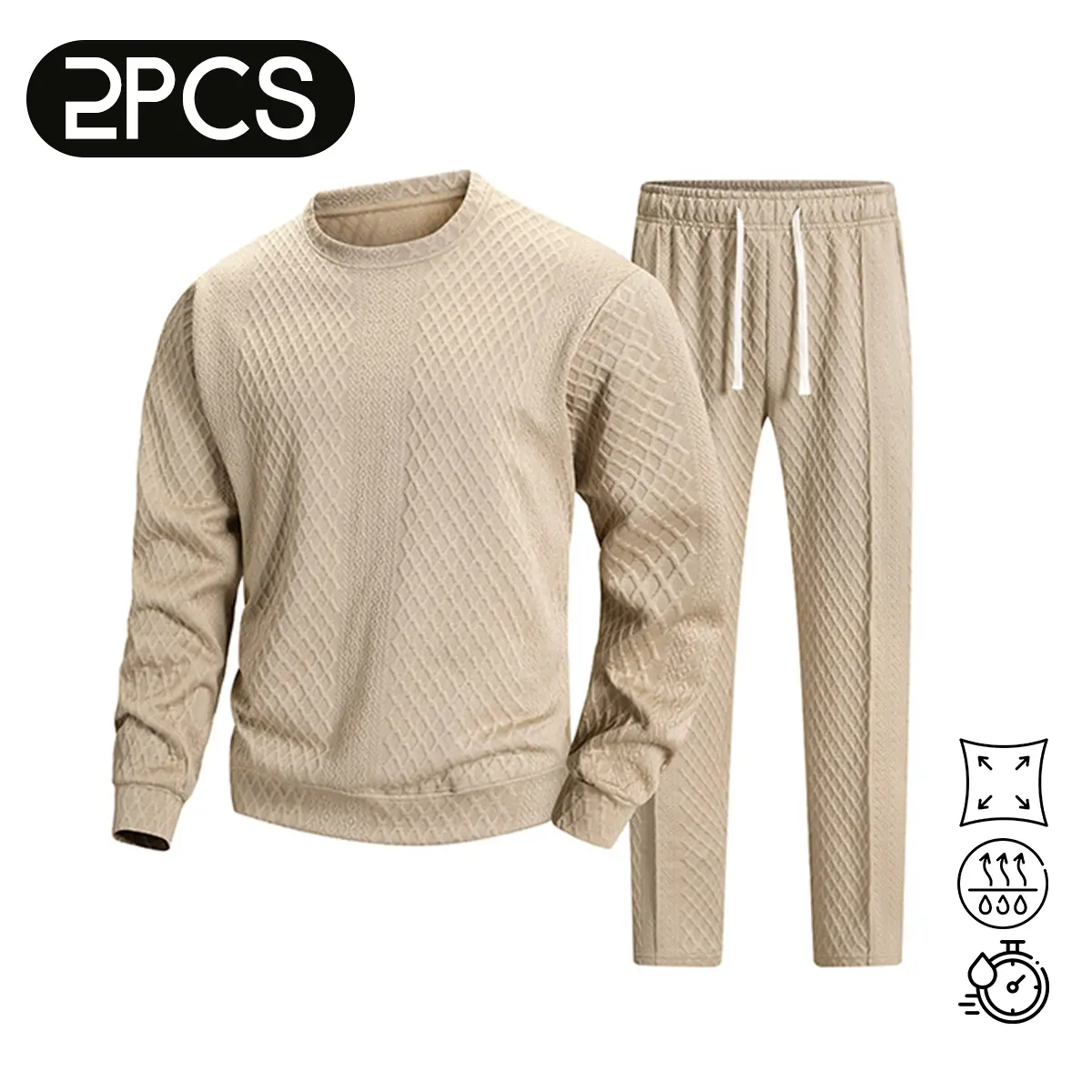 2PCS Men's Beige Quilted Sweatshirt & Drawstring Pants Set Cozy & Comfortable for Daily Wear