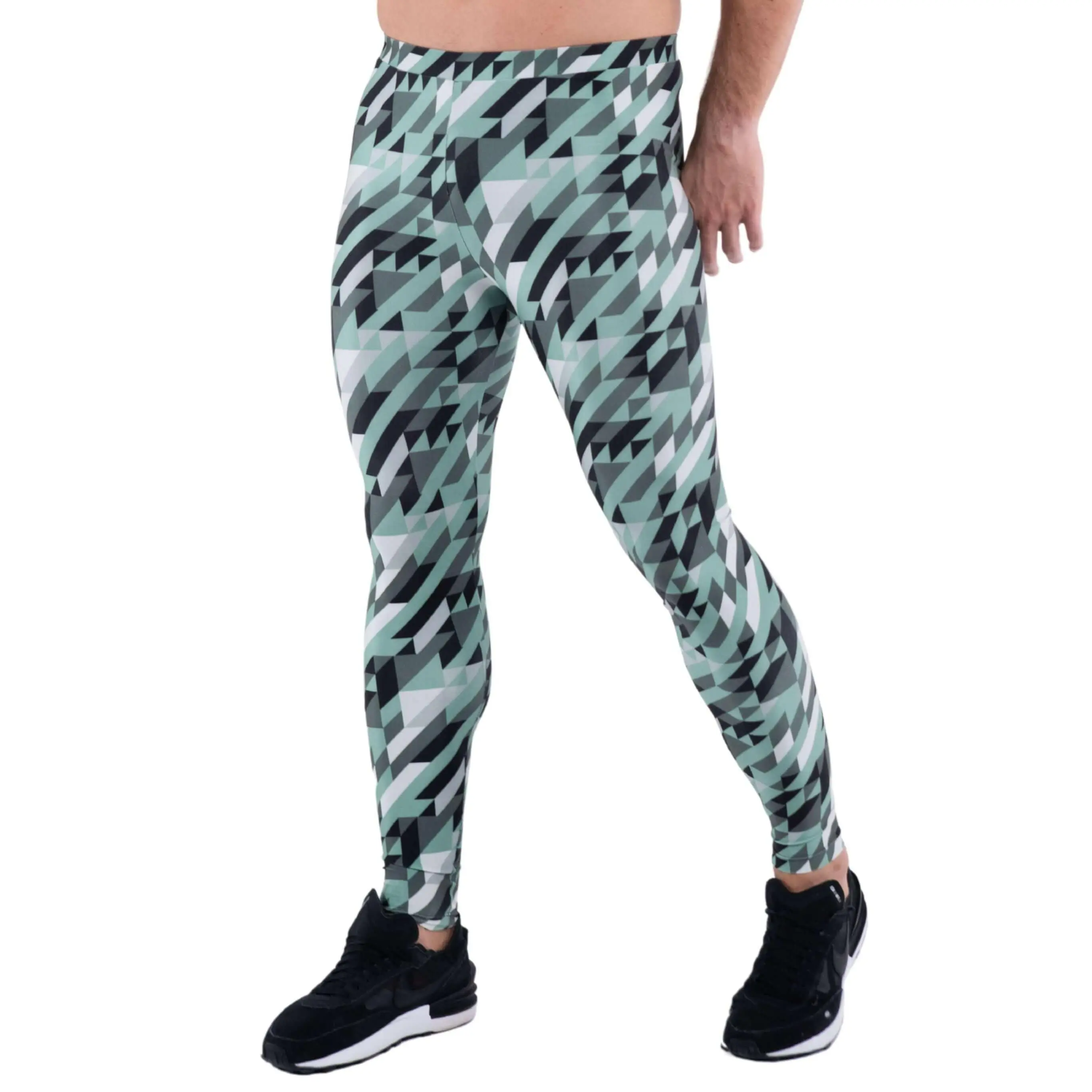 Kapow Meggings Fracture Green Prism Print Men’s Leggings Breathable 4-Way Stretch for Gym, Yoga, Festival & Workout Activewear