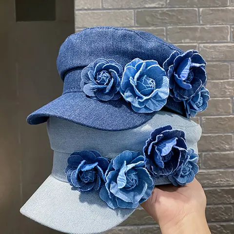 Women's 2025 Spring & Autumn Denim Fabric Baseball Cap - Stylish Accessories for Women, Octagonal Hat, Beret, Rose Design, Party Hat - Ideal for Outdoor Events, Camping - Great Gift for Sports Activities, Hats For Women