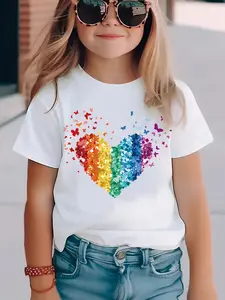 Kids Rainbow Butterfly Heart Graphic T-Shirt, Short Sleeve Crew Neck Pride & Love Themed Tee