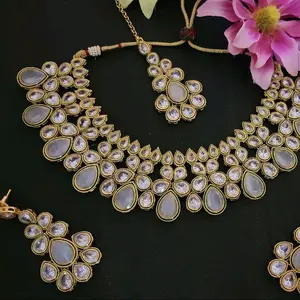 Premium Mossoinite Necklace Earrings and Tika Set for Women Bollywood Bridal Jewelry Set with Elegant Design