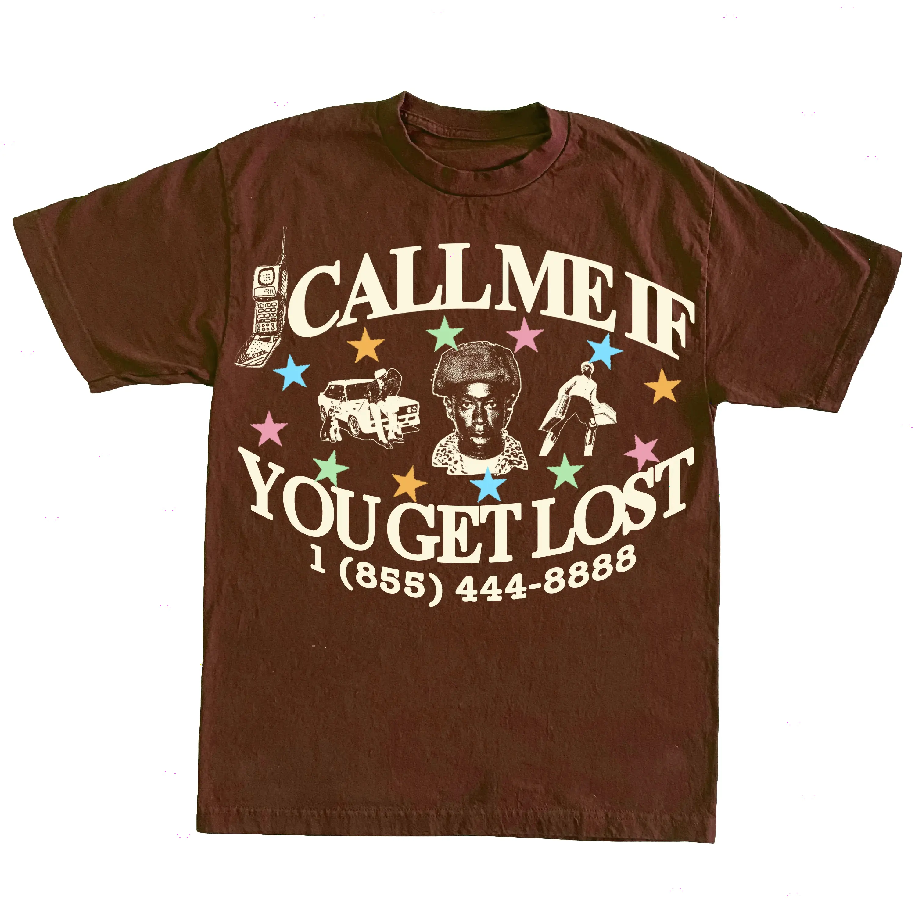 SOPULA Brown Men's Tshirt with "Call Me If You Get Lost" Full Print Front Graphic, Heavyweight 250g Cotton Top, Standard Sizes, Shortsleeve, Cotton Clothes, 100% Cotton