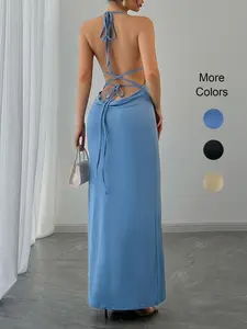 Women's Plain Color Spaghetti Strap Backless Knit Dress, Sexy Slim-Fitting Summer, Moderate Fabric, Perfect for Casual Wear
