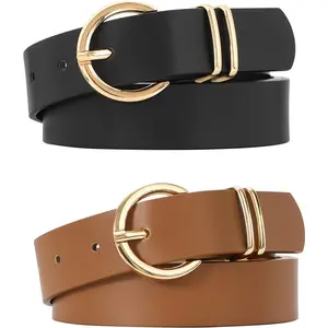 Women's 2 Pack Leather Belts with Gold Buckle for Jeans & Dresses Fashionable Black & Brown Belts Sizes 25" - 30" Precise Fit for Every Occasion
