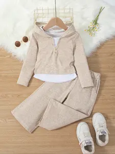 2-piece Spring/Autumn Girls' Fashion Hooded Set Casual Faux Two-Piece Long-Sleeved Top and Wide-Leg Trousers Adorable Baby Girl Pullover Sweatshirt and Trousers with Pockets Comfortable and Skin-Friendly Baby Clothing