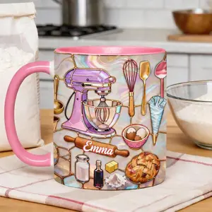Personalized Love Baking Mug 2D Printed 3D Effect Coffee Cup, Custom Name Ceramic Mug for Baking Lovers Moms, Cute Kitchen Keepsake, Sweet Mother’s Day Gift Idea for Mom Wife Grandma Birthday Celebration Present