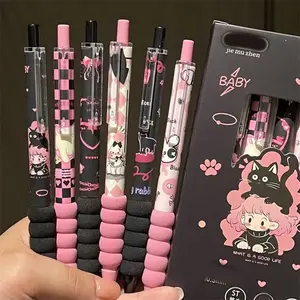 Box of 6 Dark Sweet Neutral Pens, High Aesthetic St Tip Quick-Dry Writing Pen, Cute Cool Girl Heart Design, Rollerball Pen Set