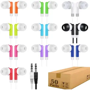 Earbuds Headphones Bulk 50 Pack for School Classroom,Wholesale Wired Earphones Class Set for Students   Teens Boys Girls,Individually Bagged(HTC101,Mixed Colors)
