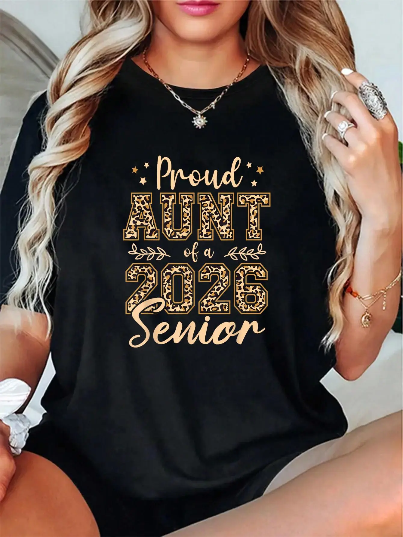 Women's 100% Cotton Cute Round Neck T-Shirt - Soft, Breathable, Casual, Everyday Fit Leopard Print Top, Unisex Proud Aunt of Senior 2026 Back to School Grad Wardrobe Essential