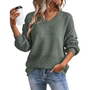 Sweaters for Women Fall Outfits Oversized Long Sleeve V Neck Crochet Sweaters Lightweight Knit Pullover Jumper