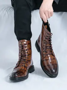 Men's High-Top Boots New Style Fall Winter Fashion Retro Casual Breathable Simple Luxury Height Increase Side Zipper Crocodile Pattern Business Shoes