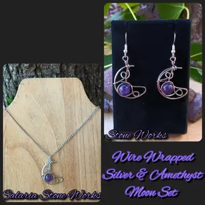 Silver & Amethyst Wire Wrapped Crescent Moon Sets/2 Piece Set