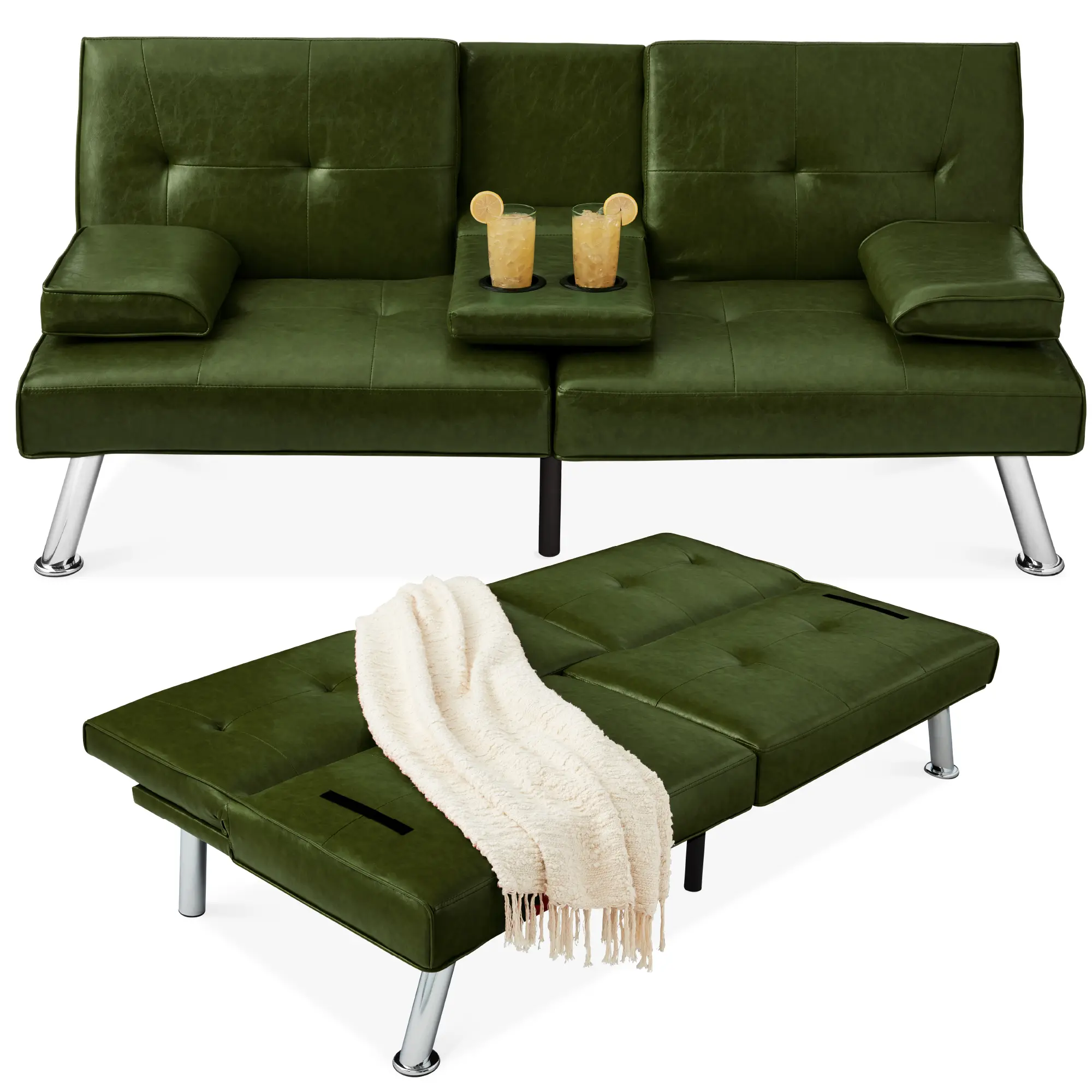 Best Choice Products Modern Faux Leather Convertible Futon Sofa w/ Removable Armrests, 2 Cupholders