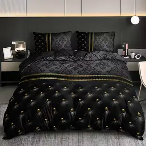 3 black and gold floral printed quilt covers, Bedroom bedding set, 100% polyester soft and breathable fabric, machine washable, suitable for all seasons, 1 quilt cover + 2 pillowcases, no core, ideal for bedroom and guest room bedding decor