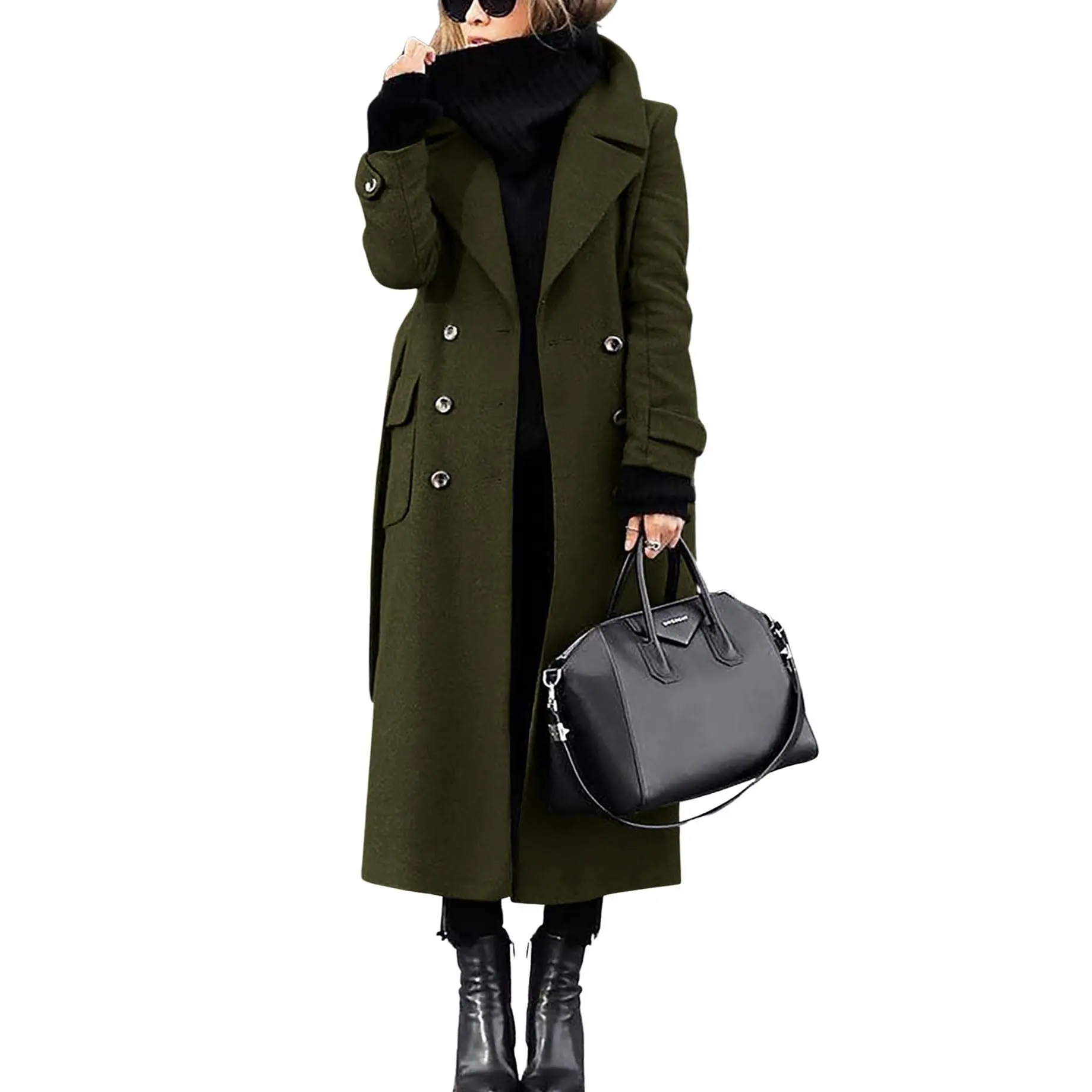 Chouyatou Women's Long Belted Wool Pea Coat Double Breasted Design Winter Business Casual Outerwear