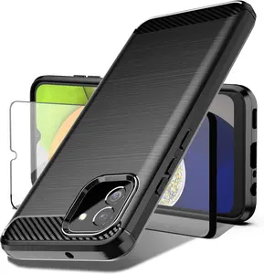 Phone Case Galaxy A03 Case, Samsung A04e Case with Tempered Glass Screen Protector, Shock-Absorption Brushed Flexible Soft Carbon Fiber Protective Cover for Samsung Galaxy A03 (LS-Black)