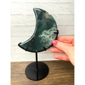 Moss Agate Crystal Carved Moon on Stand – Natural Stone #80