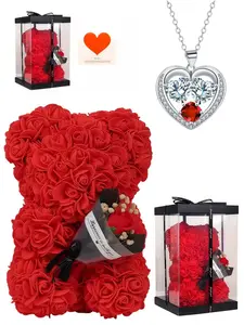 Double Diamond Red Heart Unique Heart-shaped Love Gem Necklace with Exquisite Rose Bear Gift Box, Ideal Gift for Festivals, Birthdays, Valentine's Day and Mother's Day
