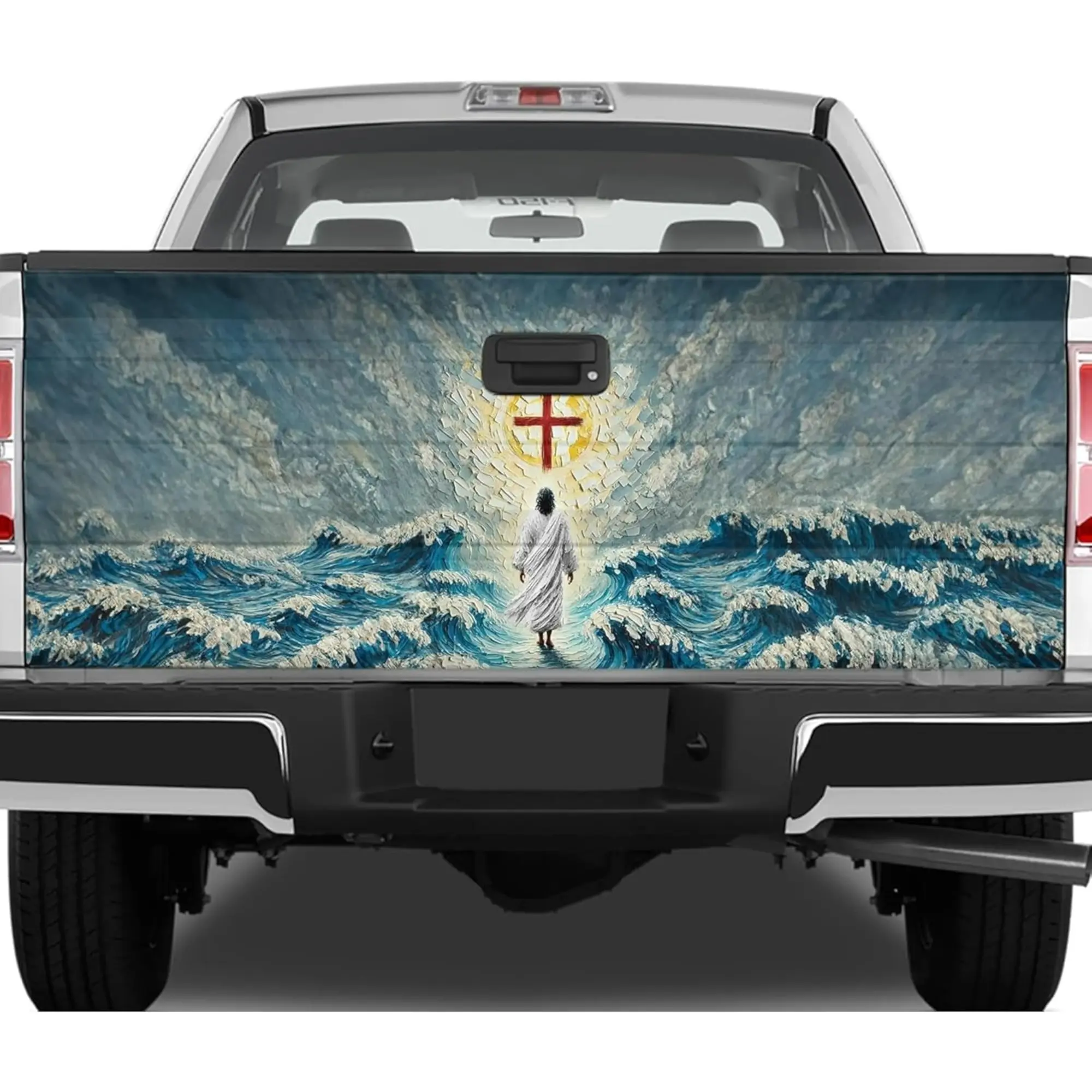 Faith Over Waves Truck Tailgate Wrap – Glowing Cross Ocean Scene, Walking on Water Inspired Pickup Tailgate Decal, Spiritual Coastal Art, Religious Vehicle Exterior Graphic, Gift for Believers