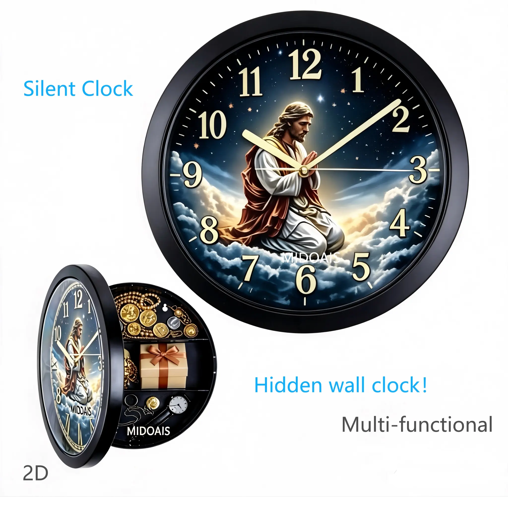 Midoais Silent Clock Hidden Wall Clock Multi-functional 2D Design with Jesus Image and Hidden Storage Compartment