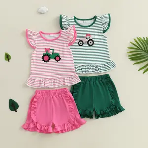 [Lullaby] Baby Girls Summer Outfits Tractor Embroidery Striped Fly Sleeves Tops and Elastic Ruffles Shorts Set Cute Clothes