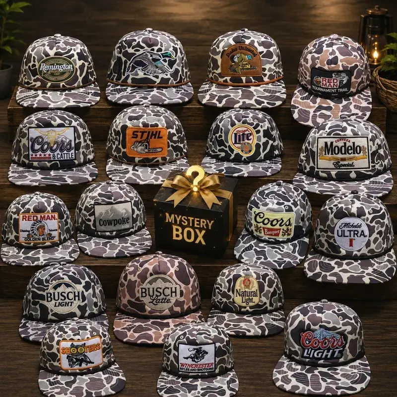 Vintage Men's Camo Trucker Hat Mystery Box Assorted Hunting & Outdoor Snapback Caps, Adjustable Flat Brim Baseball Hats