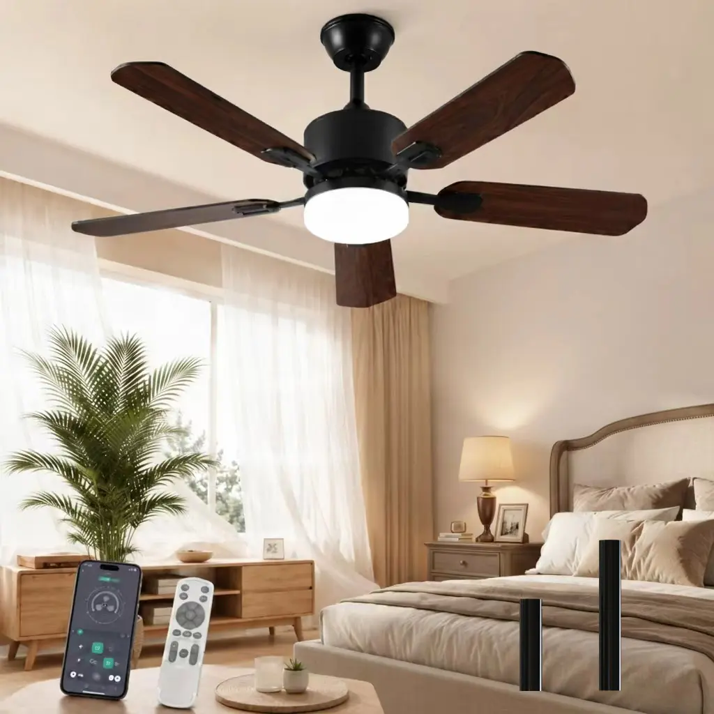 52 in Modern Rustic Solid Wood Smart Ceiling Fan - Dimmable LED Light, Dual-Finish Reversible Blades, 6-Speed Quiet DC Motor, All-Season Rotation, APP Voice & Remote Control, Indoor Home Decoration