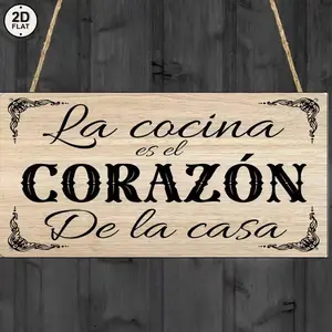 Spanish Kitchen Decor Sign, Rustic Wooden Wall Art, Pre-Drilled Hanging Rope, Farmhouse Style, Vintage Recycled Wood, Home Decoration