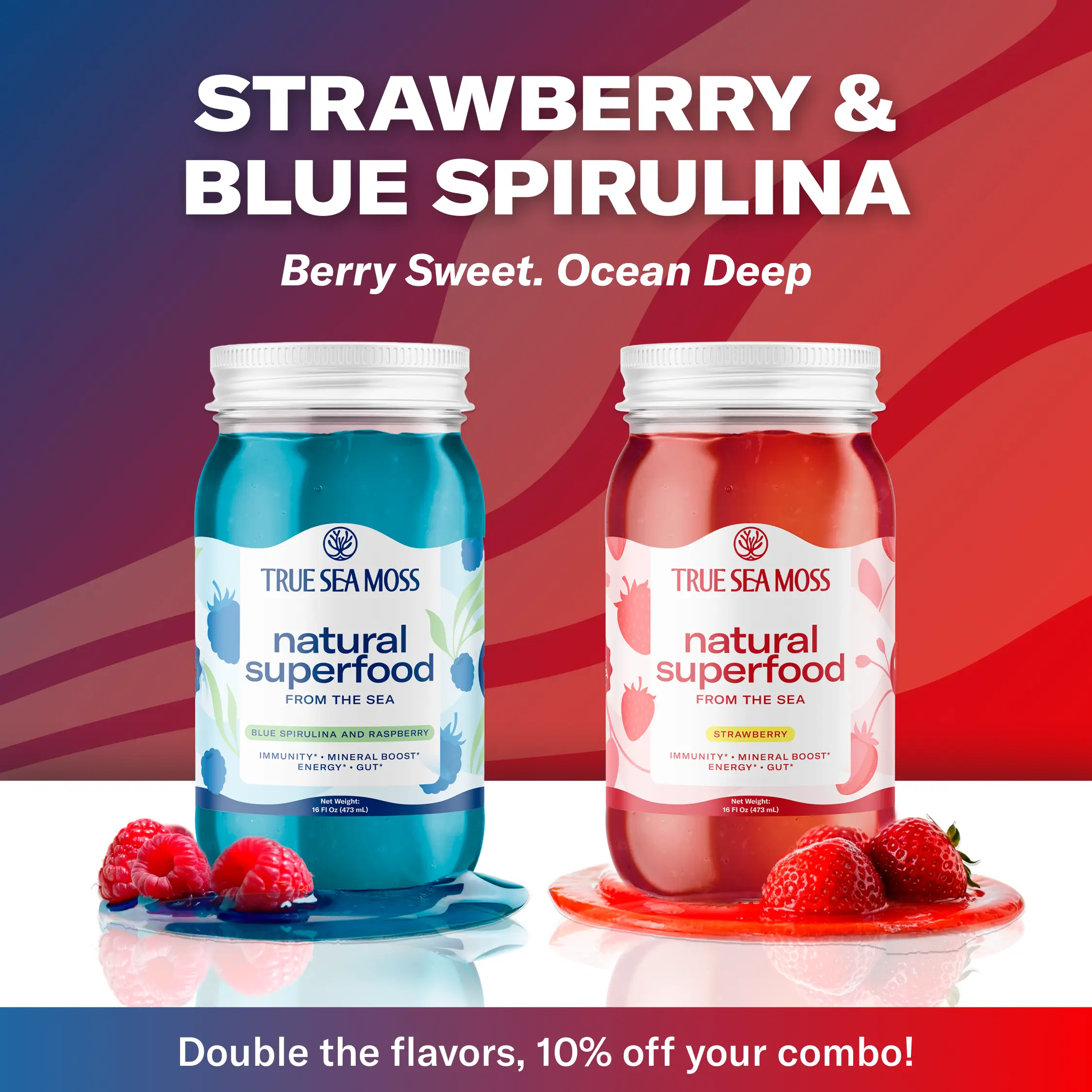 TrueSeaMoss 2-Bottle Bundle: Blue Spirulina-Raspberry & Strawberry – Wildcrafted...