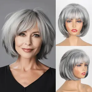 Hot-selling European and American style women's gray short curly hair fashionable synthetic fiber wig bob inward curl natural wig
