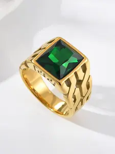 Personalized Men's Ring, 18K Gold Plated Stainless Steel, Square Emerald Gemstone with Greek Key, Highlight Unique Taste