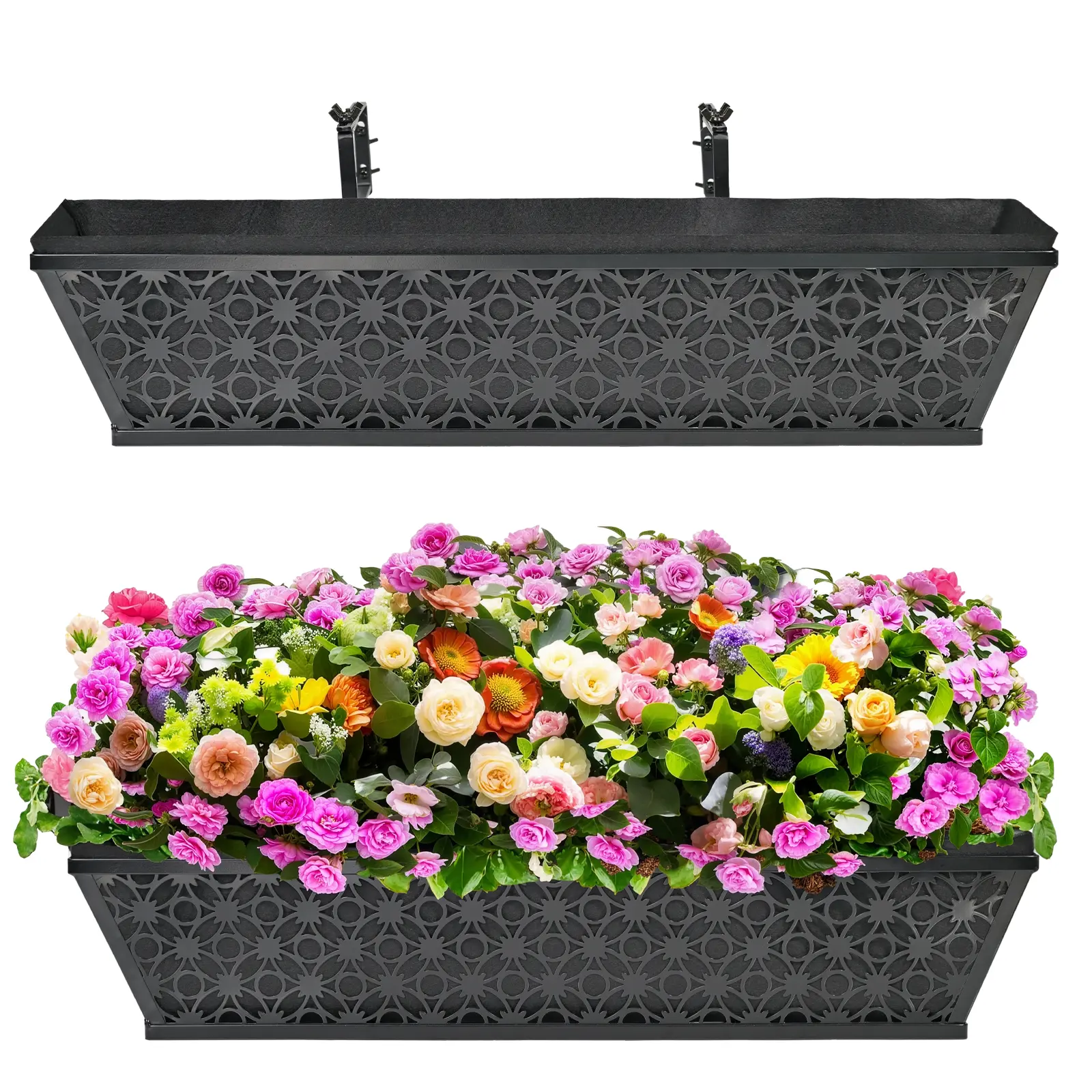 2 Pack 24 Inch Window Boxes Planter for Outdoor Plants Deck Railing Planters  Box with Adjustable Brackets for Porch Fence Balcony Hanging Flower Baskets  with Non-Woven Fabric Liner for Garden Decor -