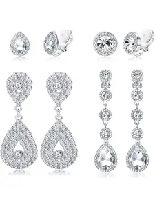 4 Pairs Silver Clip on Earrings for Women Elegant Rhinestone Clip on Earrings Dangle Drop for Brides Bridesmaids Non Pierced Earrings Set