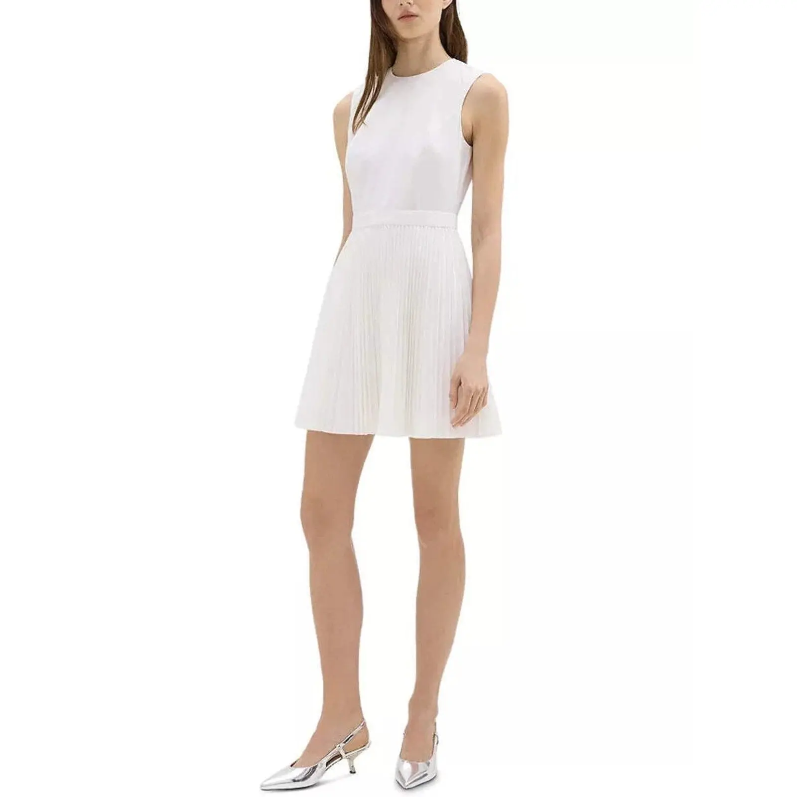 Theory Pleated Mini Dress Women's White Solid Round Neck Back Zip Closure NWT