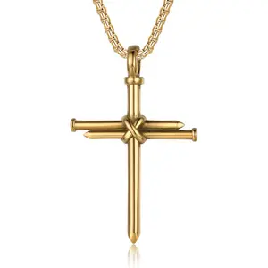 Nail Cross Necklace for Men Stainless Steel Chain 24inch 3 Nails Jesus Cross Pendant Christian Gifts