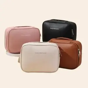 Large Capacity Multi-Layer Detachable Makeup Bag Synthetic Leather Travel Cosmetic Organizer with Brush Holder Portable Storage Pouch for Travel Business Trips Vacations