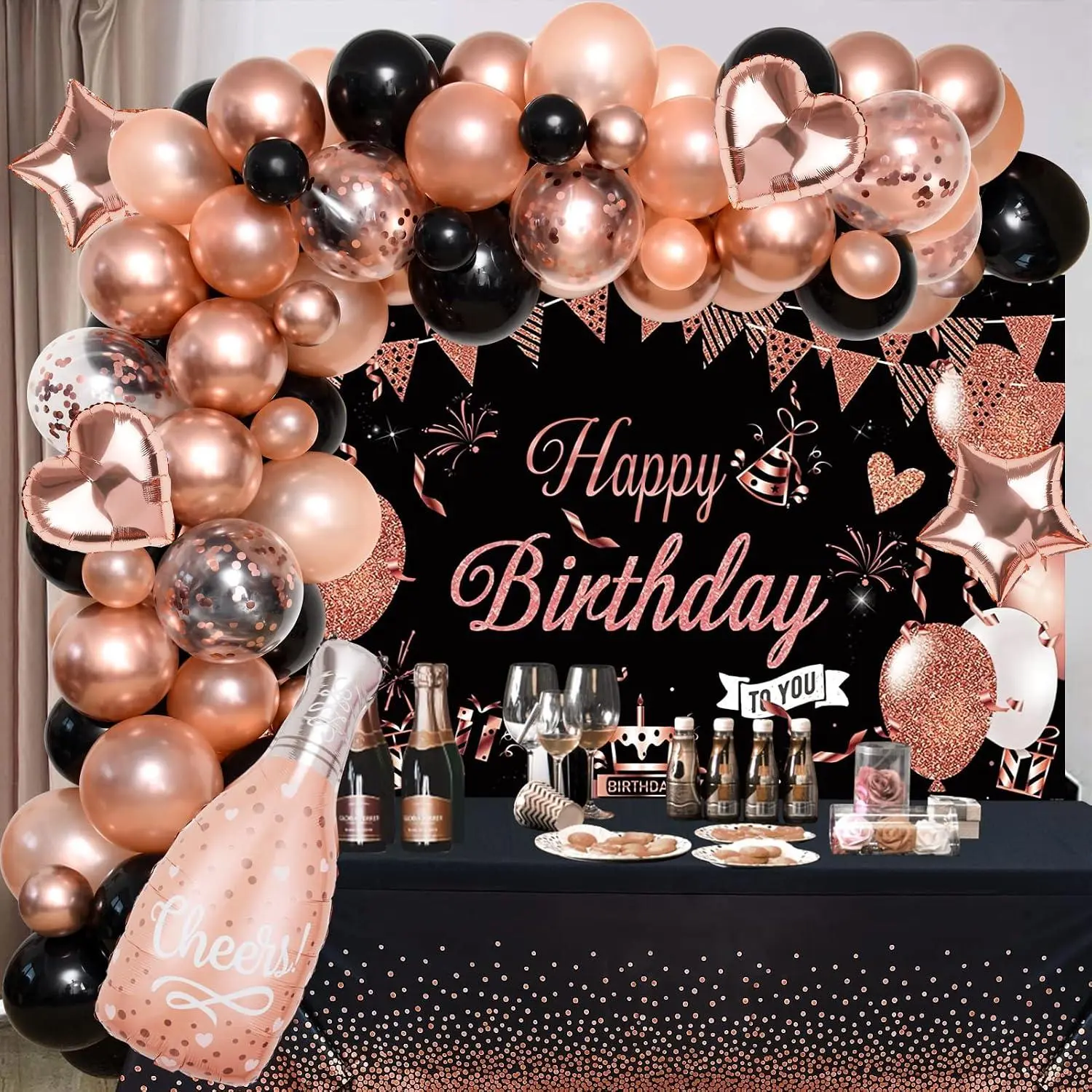 94Pcs Black Rose Gold Birthday Party Decorations For Women Girl Black Rose Gold Balloon Garland Arch Kit With Backdrop Tablecloth Champagne Star Love Foil Balloon Rose Gold Birthday Decoration
