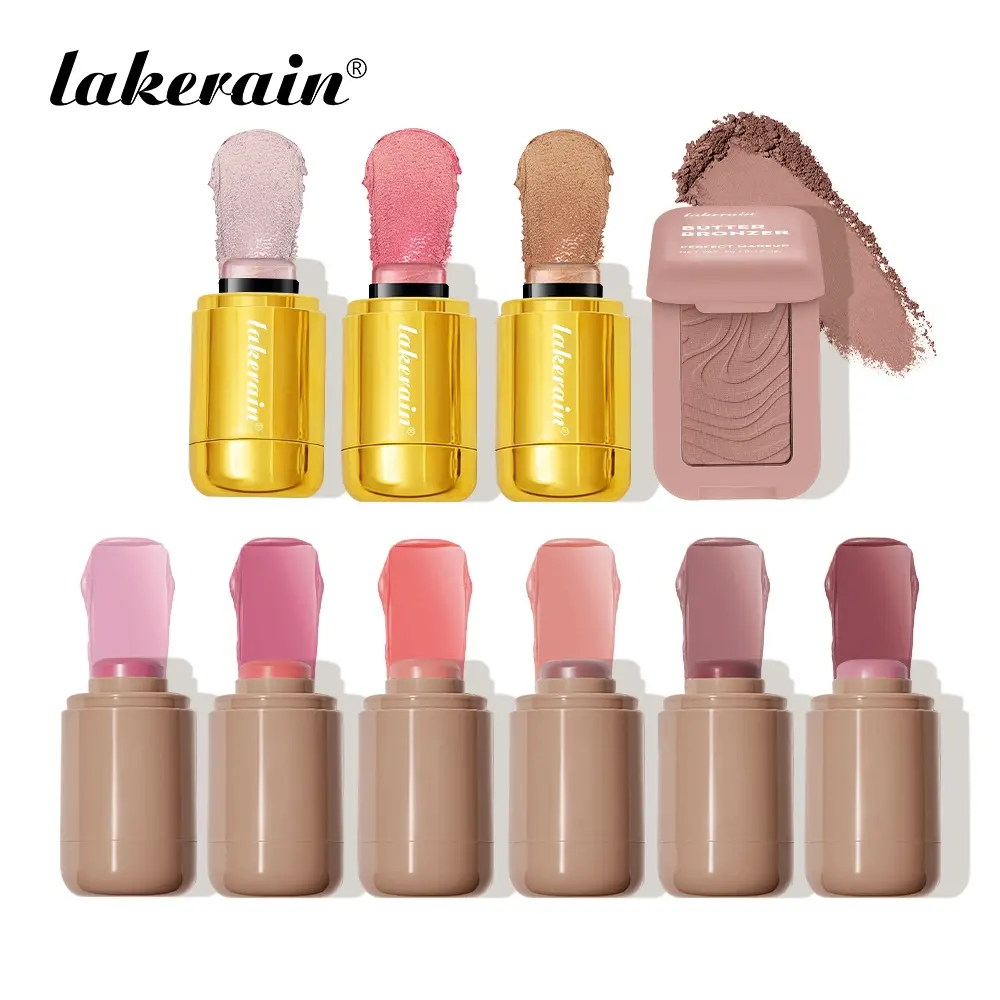 10 Counts Portable Face Makeup Kit, 6 Counts Pocket Twist-Up Blushes + 3 Counts Shiny Highlighter Sticks + 1 Piece Butter Contour Bronzer, Buildable Color, Compact for On-The-Go Touch Ups, Facial Makeup Box, Makeup Kit Set, Beauty Sets