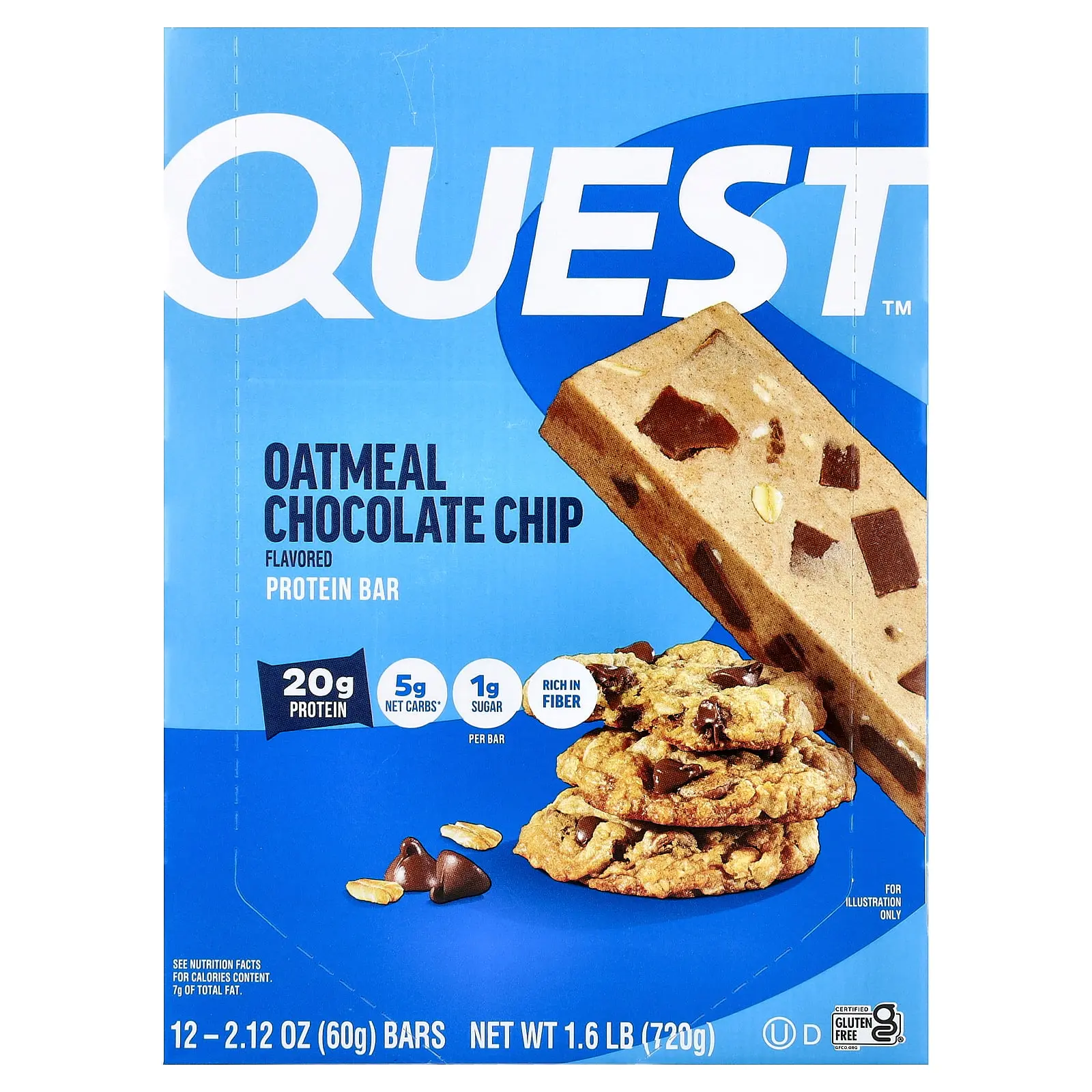 Quest Nutrition Protein Bar, Oatmeal Chocolate Chip, 12 Bars, 2.12 oz (60 g) Each