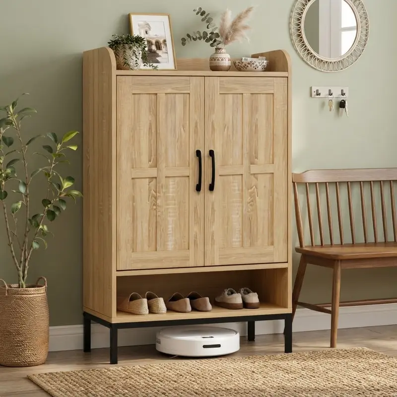 White Modern Farmhouse 5-Tier Wooden Shoe Storage Cabinet with Doors, Adjustable Shelves, Racks, Unique Design, Easy Assembly, 27.5in Wide Fits Beside Doors Neatly, 13.8in Deep Home Decor Organiser for Bedroom, Corridor