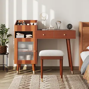 Modern Makeup Vanity Desk with Drawers, Cabinet & Charging Port, Space-saving Dressing Table Set with Stool for Small Places, Walnut