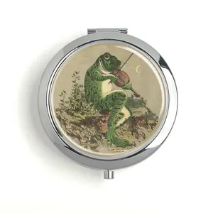 Vintage Frog Playing Violin Metal Pill Box Travel Pill Box Vitamin Organizer Built-in Makeup Mirror Unique Design Inner Diameter 60mm